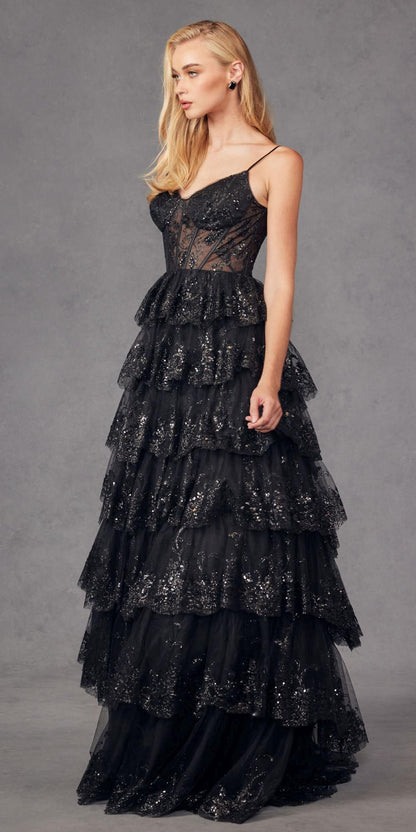 Juliet JT2454K Long Boned Bodice Tiered Layered Sequin Detail A-Line Gown by DiscountDressShop
