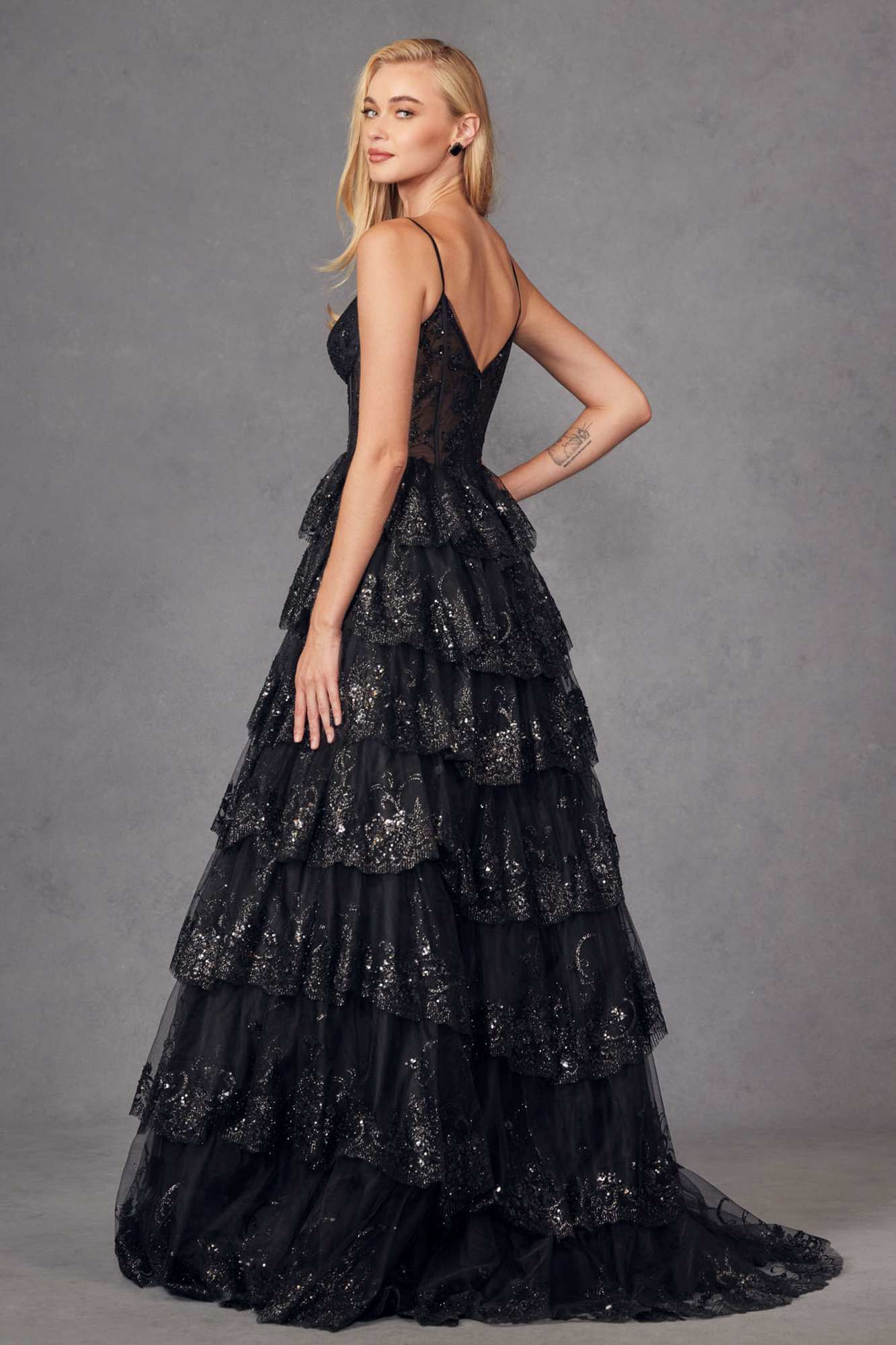 Juliet JT2454K Long Boned Bodice Tiered Layered Sequin Detail A-Line Gown by DiscountDressShop