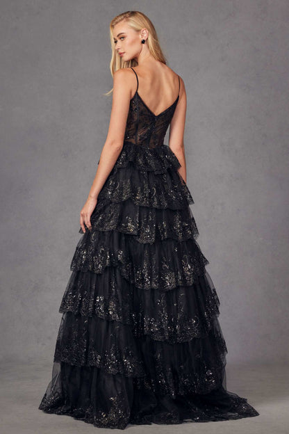 Juliet JT2454K Long Boned Bodice Tiered Layered Sequin Detail A-Line Gown by DiscountDressShop