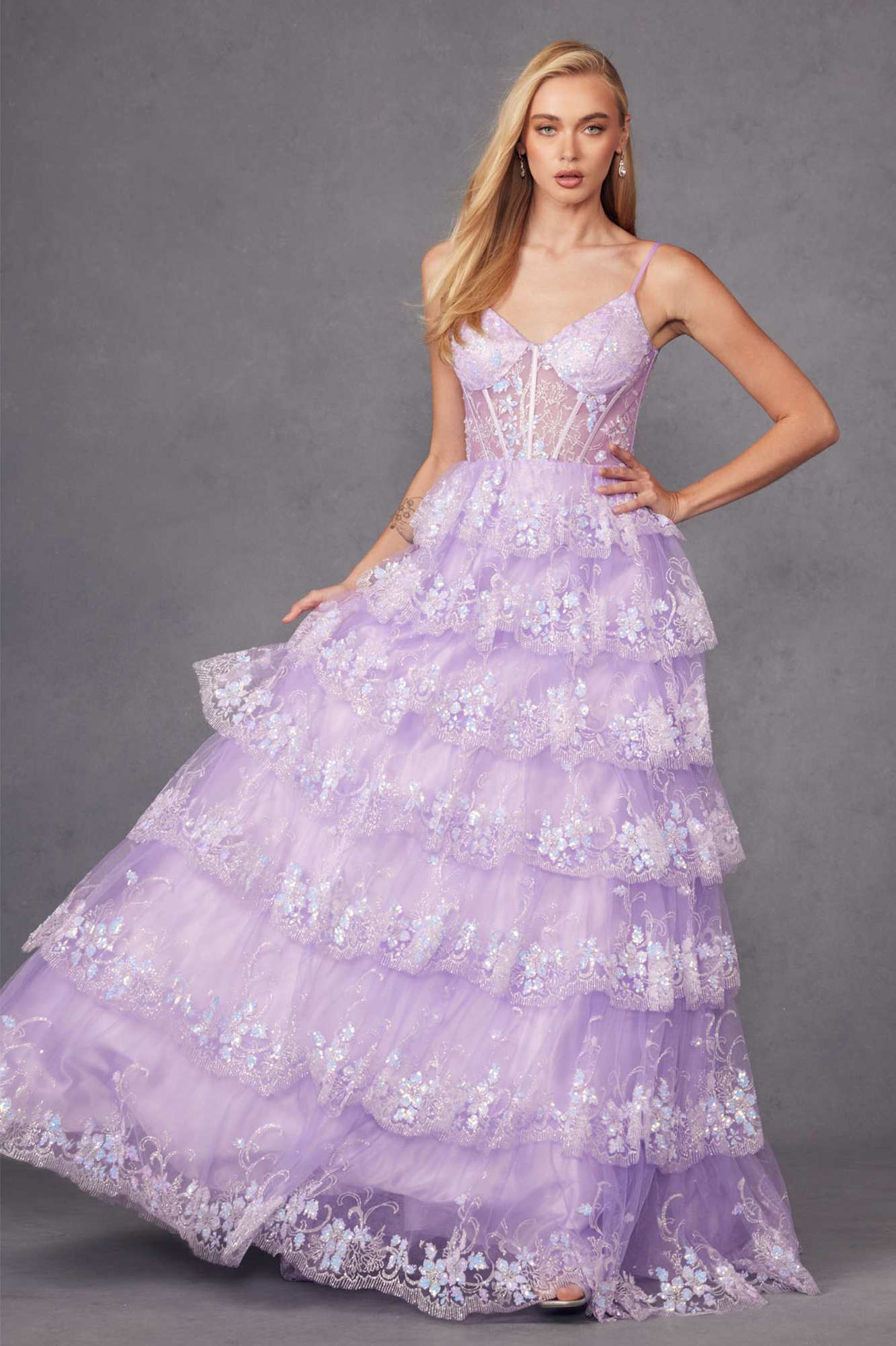 Juliet JT2454K Long Boned Bodice Tiered Layered Sequin Detail A-Line Gown by DiscountDressShop