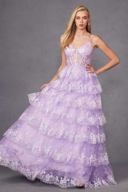 Juliet JT2454K Long Boned Bodice Tiered Layered Sequin Detail A-Line Gown by DiscountDressShop