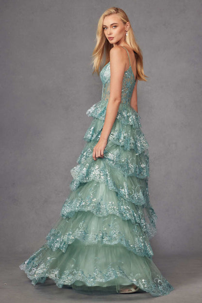 Juliet JT2454K Long Boned Bodice Tiered Layered Sequin Detail A-Line Gown by DiscountDressShop