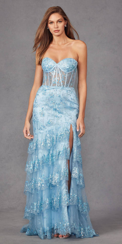 Juliet JT2455K Long Strapless Sweetheart Fitted Sheer Bodice Slit Gown by DiscountDressShop