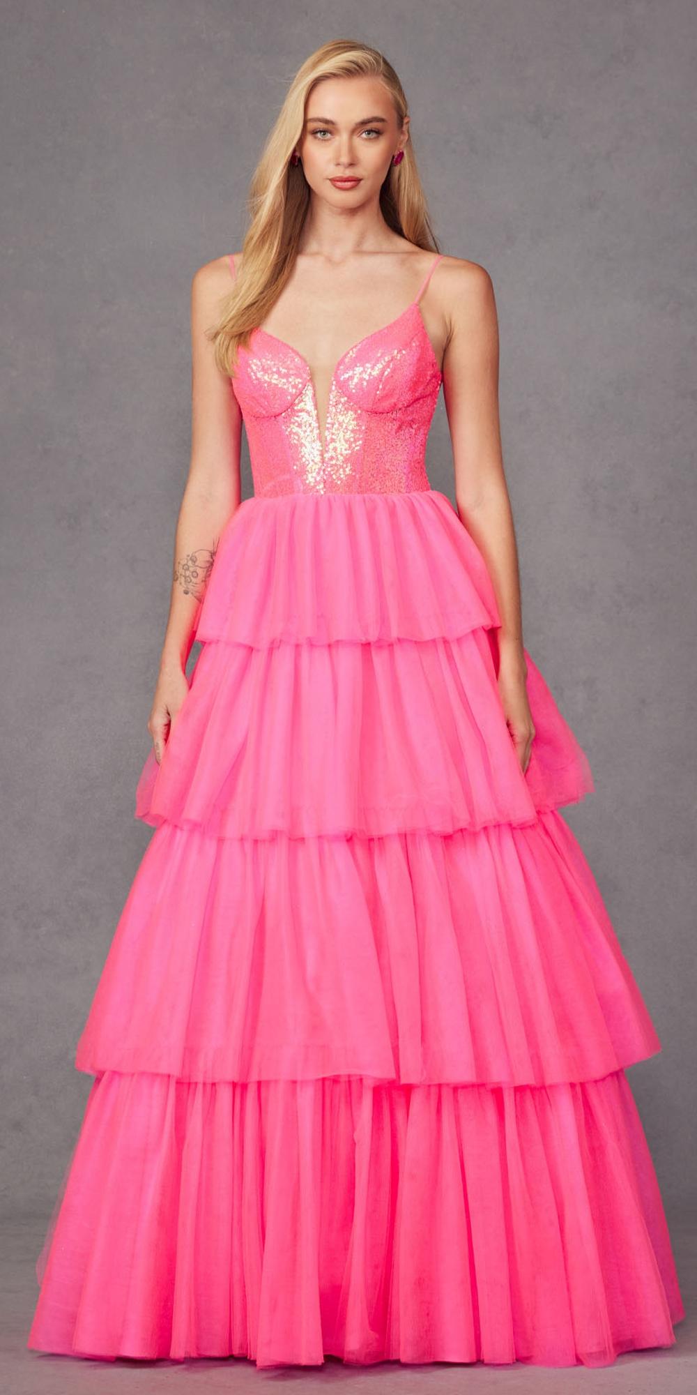 Juliet JT2457H Long Tiered Ruffled Tulle A-Line Sequin Bodice Dress by DiscountDressShop