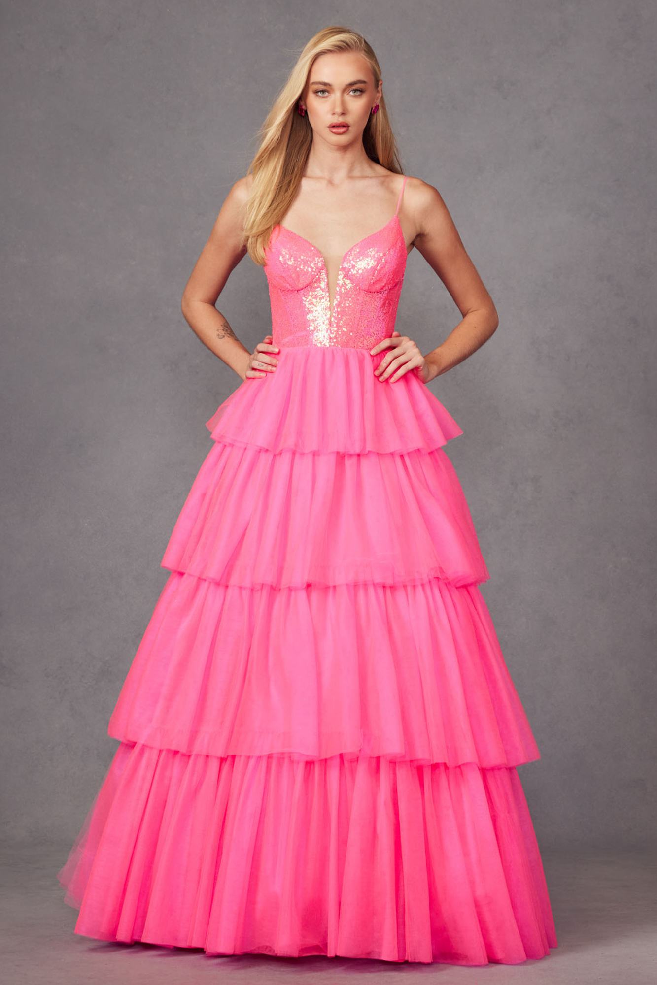 Juliet JT2457H Long Tiered Ruffled Tulle A-Line Sequin Bodice Dress by DiscountDressShop