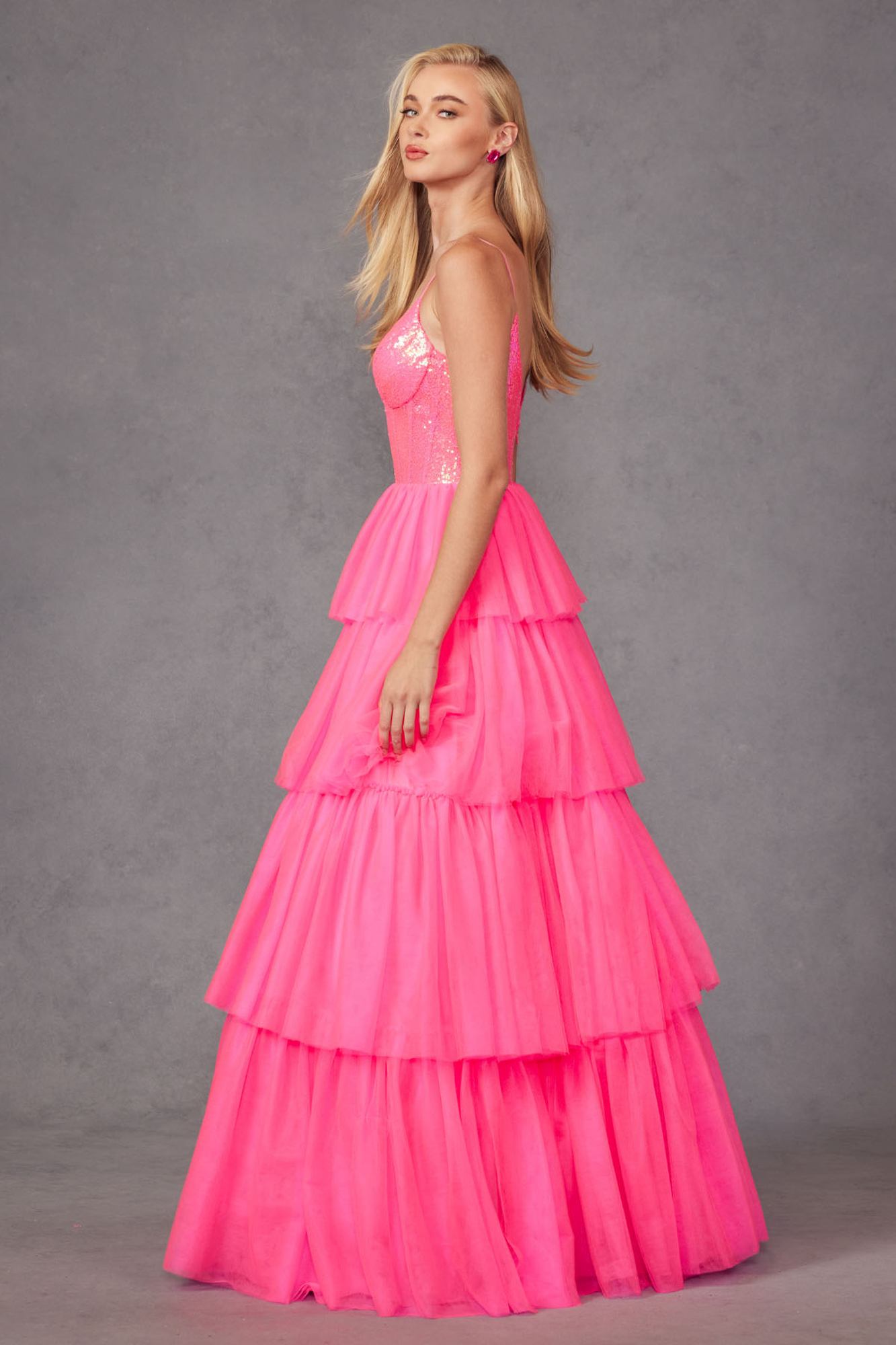Juliet JT2457H Long Tiered Ruffled Tulle A-Line Sequin Bodice Dress by DiscountDressShop