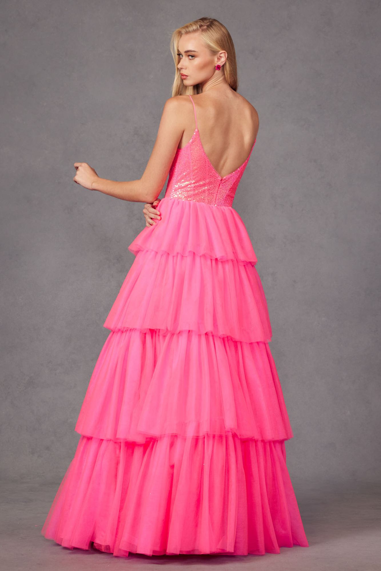 Juliet JT2457H Long Tiered Ruffled Tulle A-Line Sequin Bodice Dress by DiscountDressShop