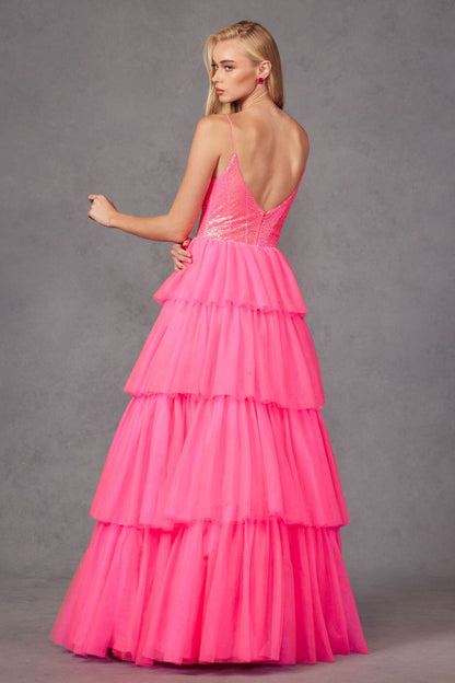 Juliet JT2457H Long Tiered Ruffled Tulle A-Line Sequin Bodice Dress by DiscountDressShop