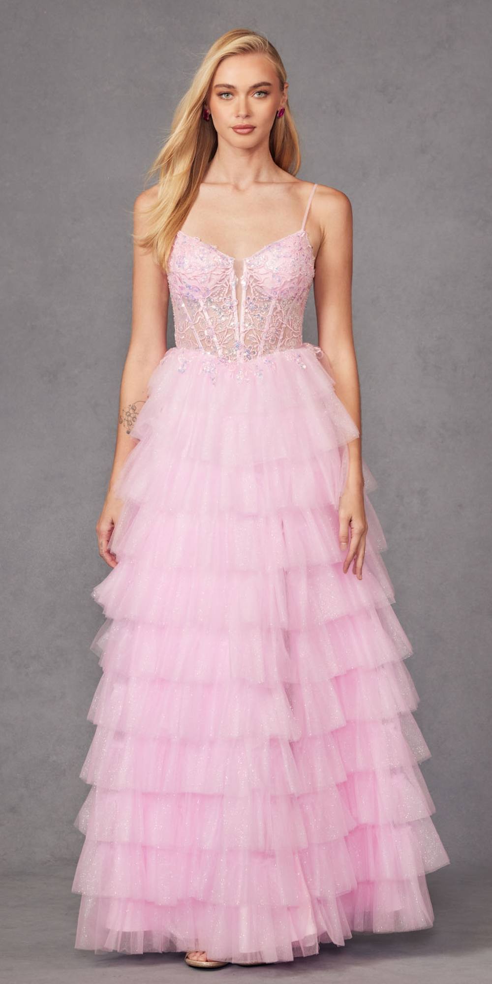 Juliet JT2458A Long Ruffle Tulle A-Line Ball Gown Bustier Bodice Thin Straps by DiscountDressShop
