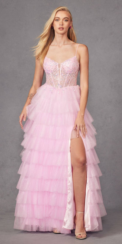Juliet JT2458A Long Ruffle Tulle A-Line Ball Gown Bustier Bodice Thin Straps by DiscountDressShop