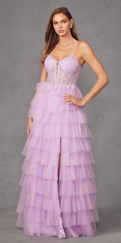 Juliet JT2458A Long Ruffle Tulle A-Line Ball Gown Bustier Bodice Thin Straps by DiscountDressShop