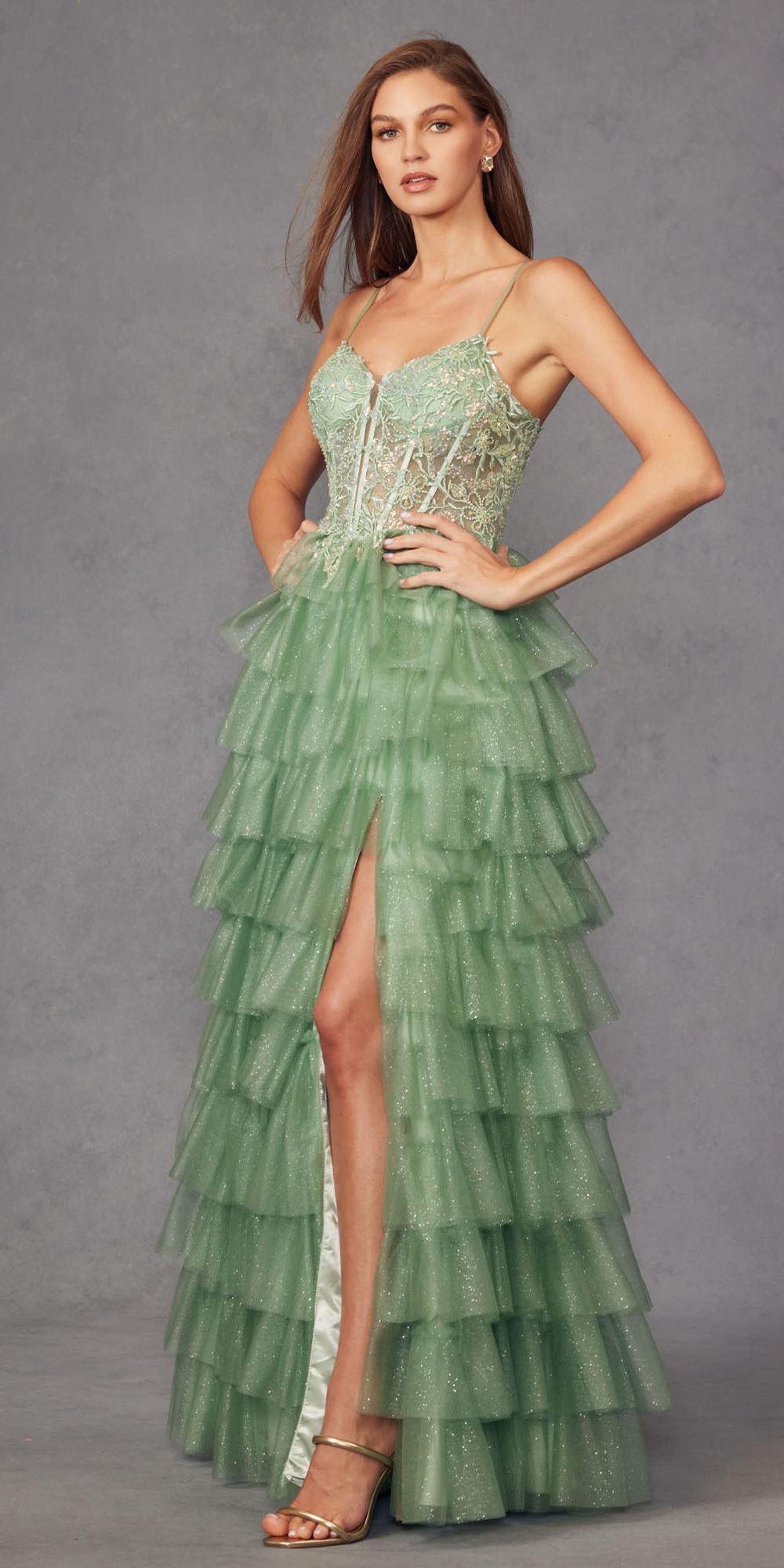 Juliet JT2458A Long Ruffle Tulle A-Line Ball Gown Bustier Bodice Thin Straps by DiscountDressShop