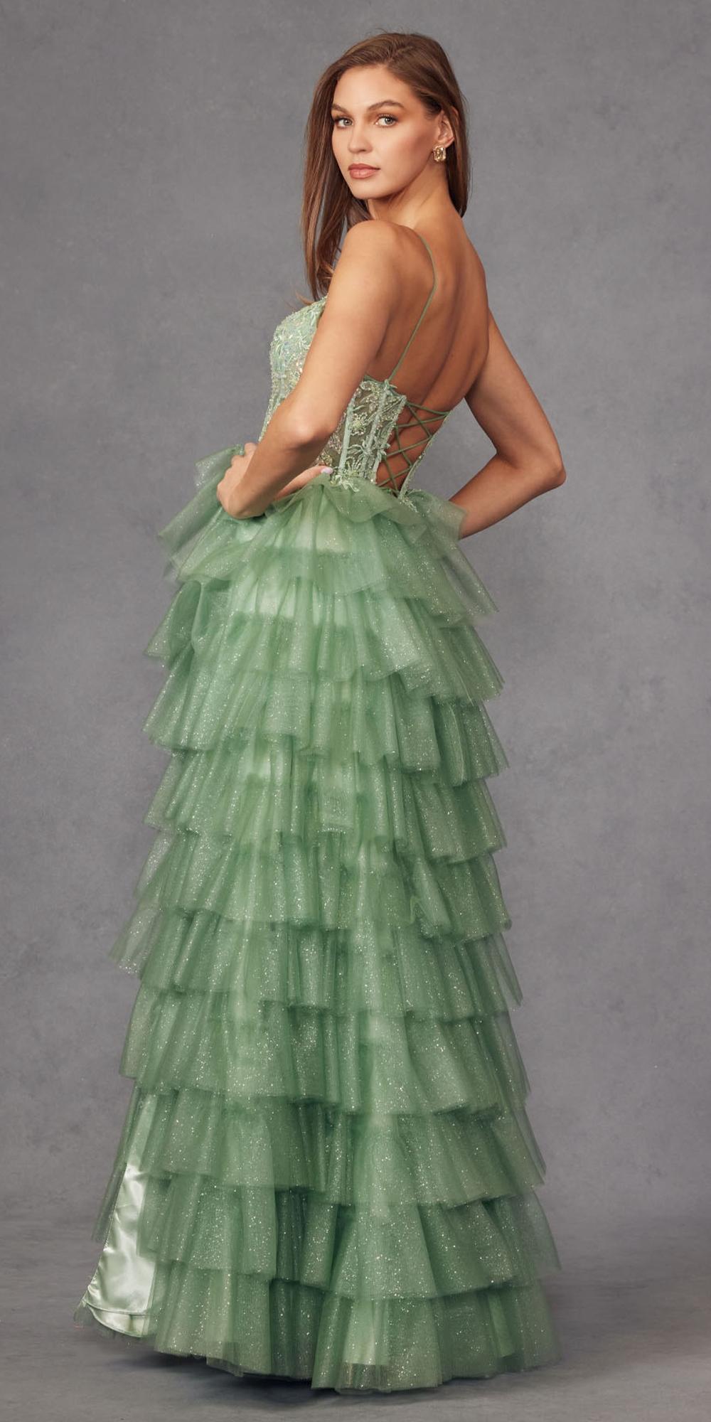 Juliet JT2458A Long Ruffle Tulle A-Line Ball Gown Bustier Bodice Thin Straps by DiscountDressShop