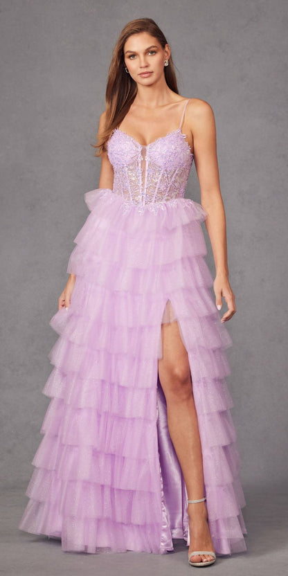 Juliet JT2458A Long Ruffle Tulle A-Line Ball Gown Bustier Bodice Thin Straps by DiscountDressShop