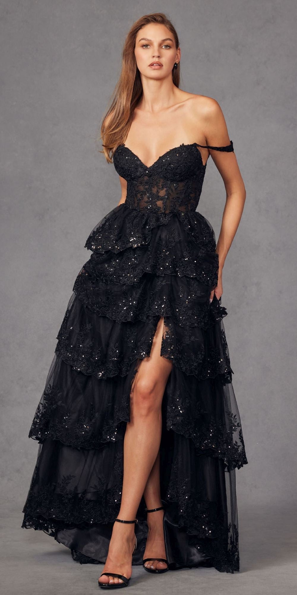 Juliet JT2463A Long Tiered Ruffled Skirt A-Line Boned Bodice Dress by DiscountDressShop