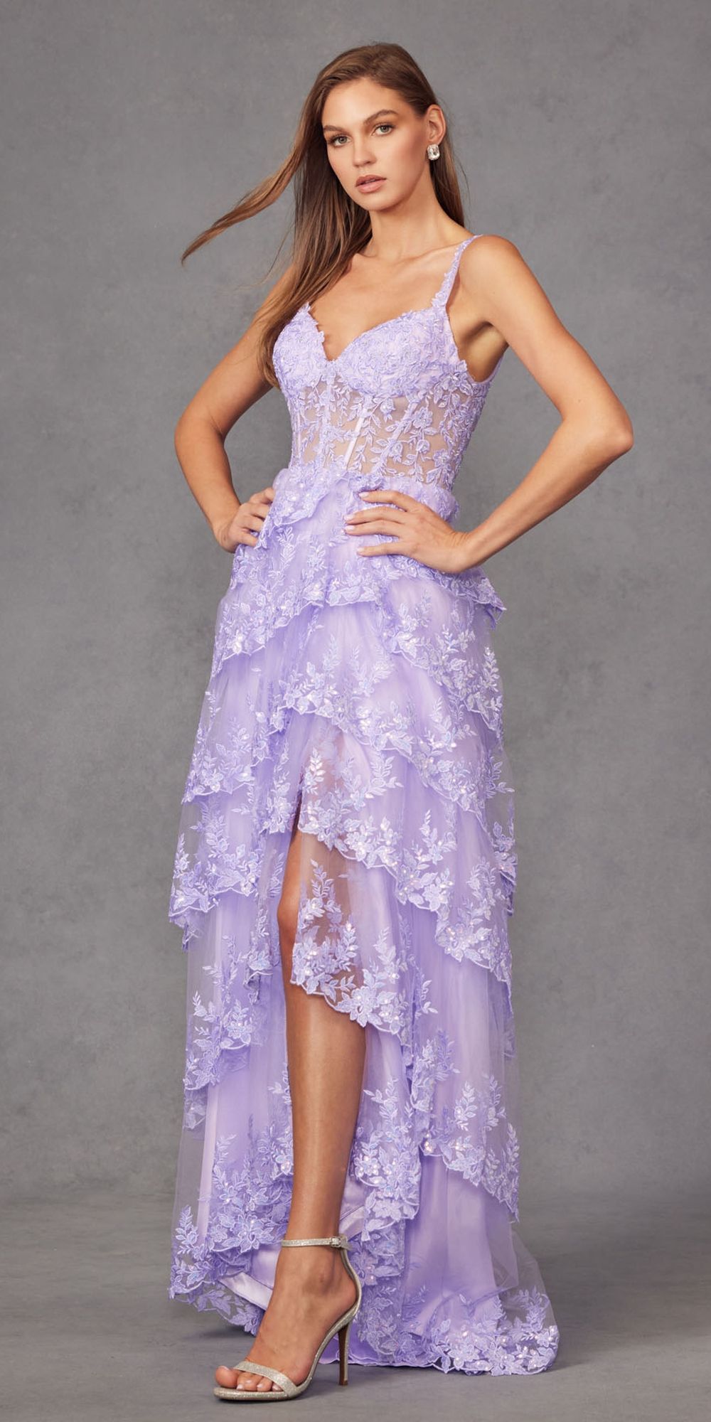 Juliet JT2463A Long Tiered Ruffled Skirt A-Line Boned Bodice Dress by DiscountDressShop
