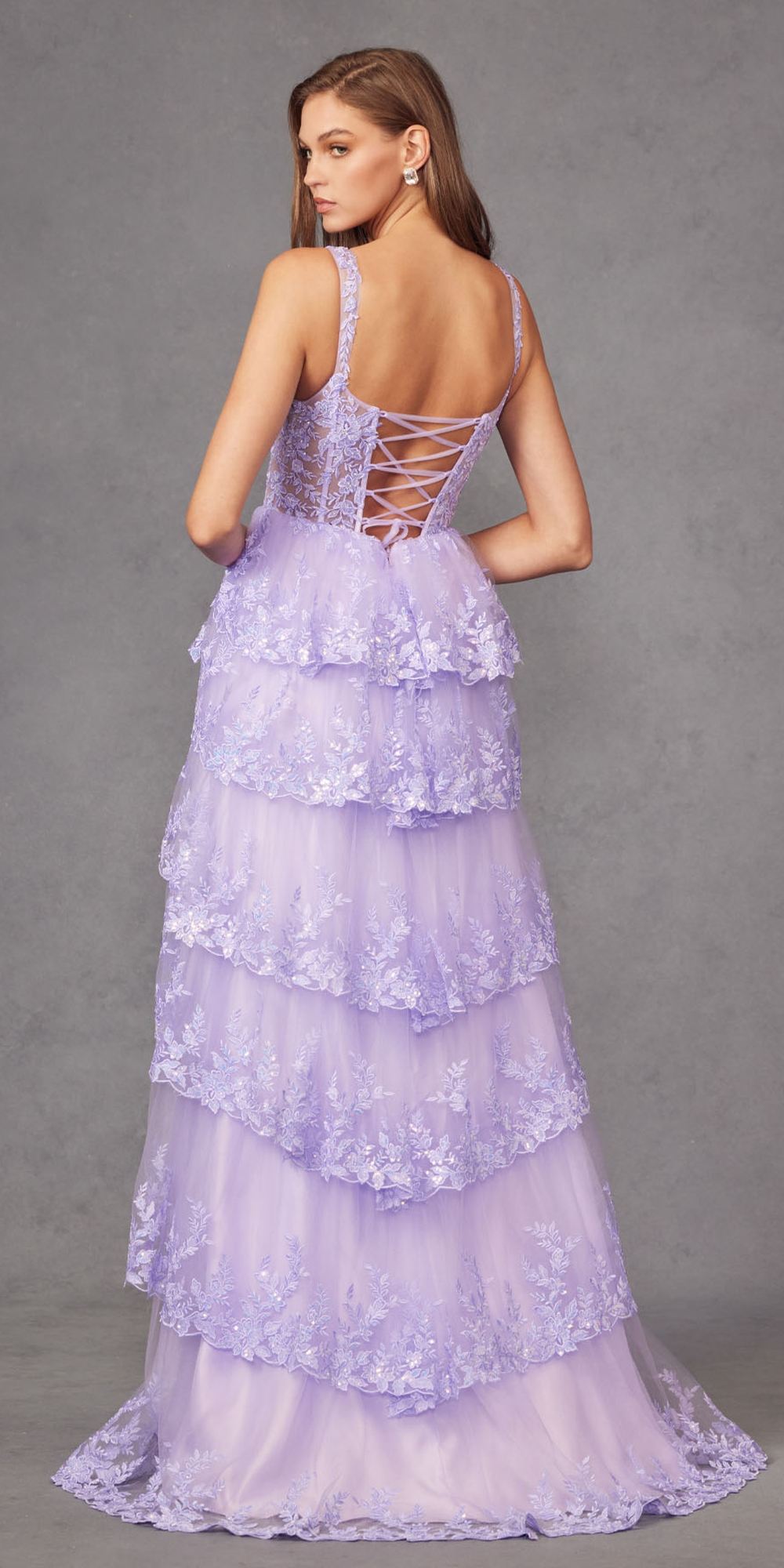 Juliet JT2463A Long Tiered Ruffled Skirt A-Line Boned Bodice Dress by DiscountDressShop