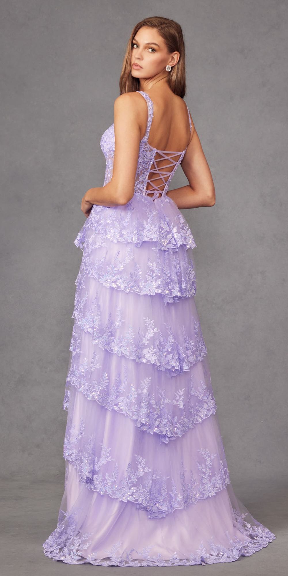 Juliet JT2463A Long Tiered Ruffled Skirt A-Line Boned Bodice Dress by DiscountDressShop