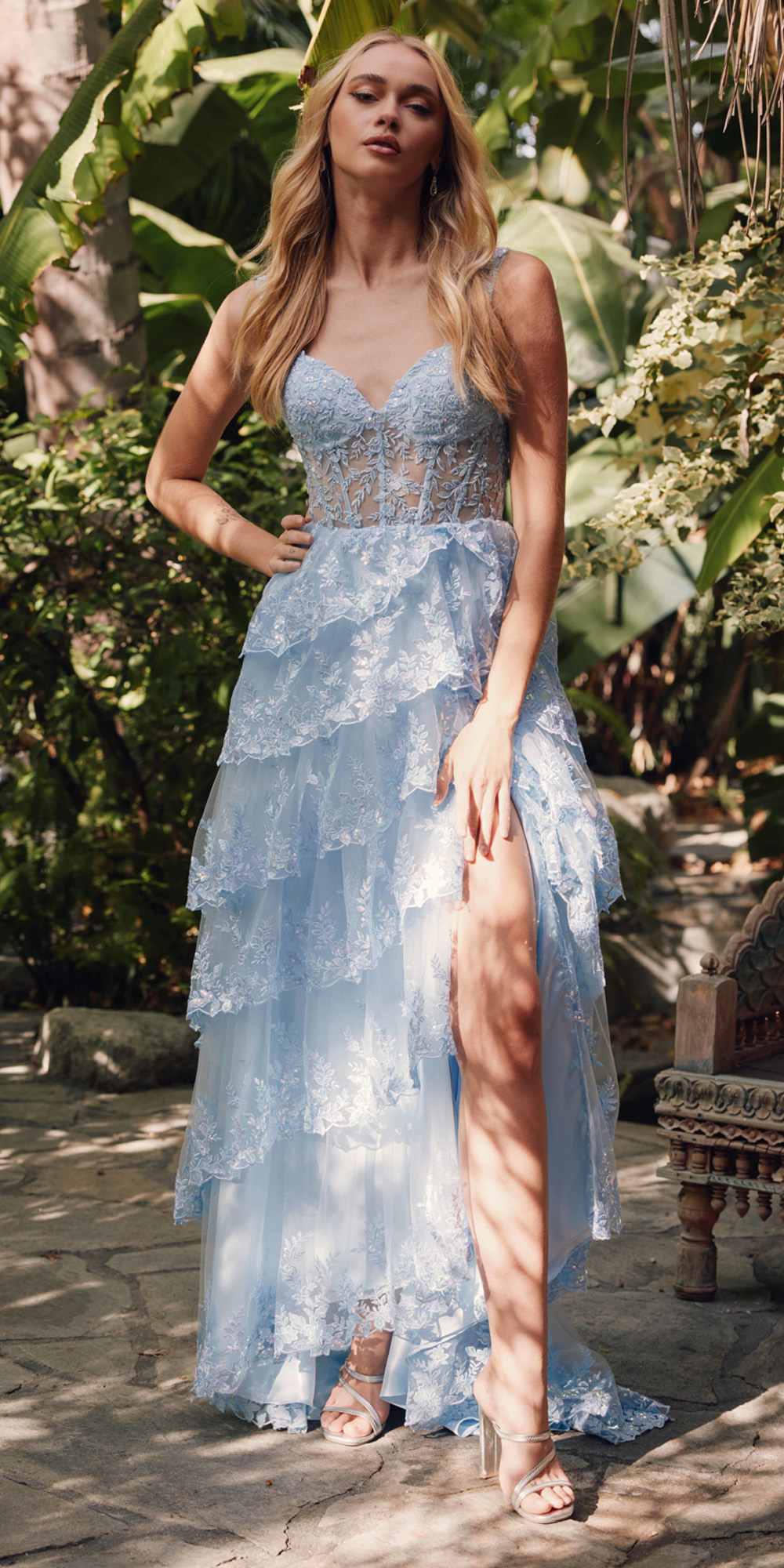 Juliet JT2463A Long Tiered Ruffled Skirt A-Line Boned Bodice Dress by DiscountDressShop