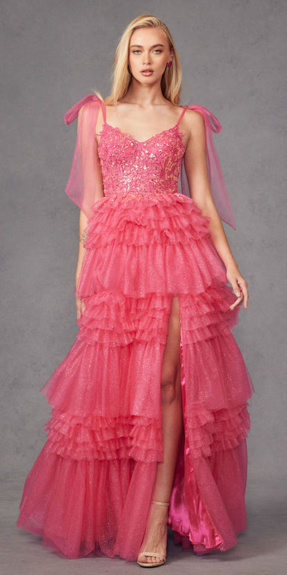 Juliet JT2465A Long Glitter Tulle A-Line Leg Slit Ribbon Bow Strap Gown by DiscountDressShop