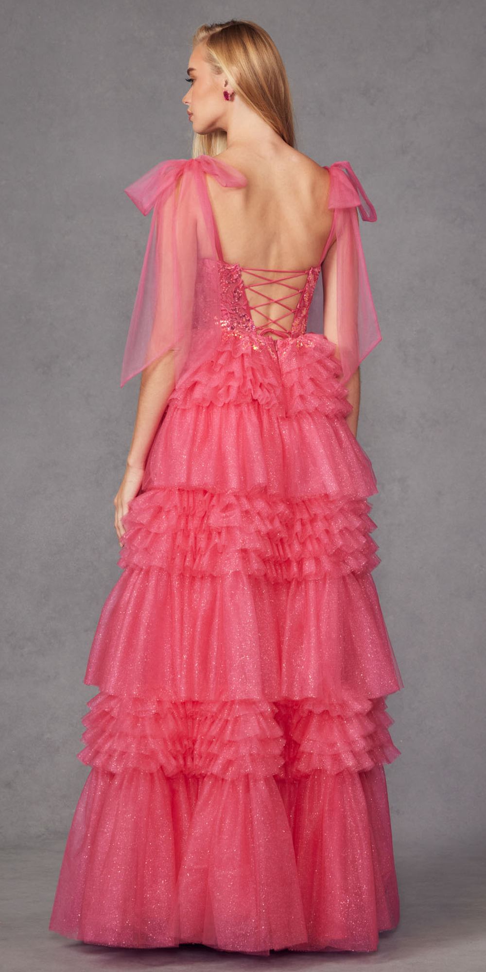 Juliet JT2465A Long Glitter Tulle A-Line Leg Slit Ribbon Bow Strap Gown by DiscountDressShop