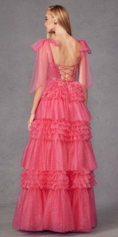 Juliet JT2465A Long Glitter Tulle A-Line Leg Slit Ribbon Bow Strap Gown by DiscountDressShop