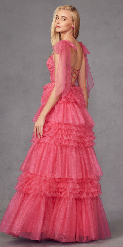 Juliet JT2465A Long Glitter Tulle A-Line Leg Slit Ribbon Bow Strap Gown by DiscountDressShop