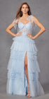 Juliet JT2465A Long Glitter Tulle A-Line Leg Slit Ribbon Bow Strap Gown by DiscountDressShop