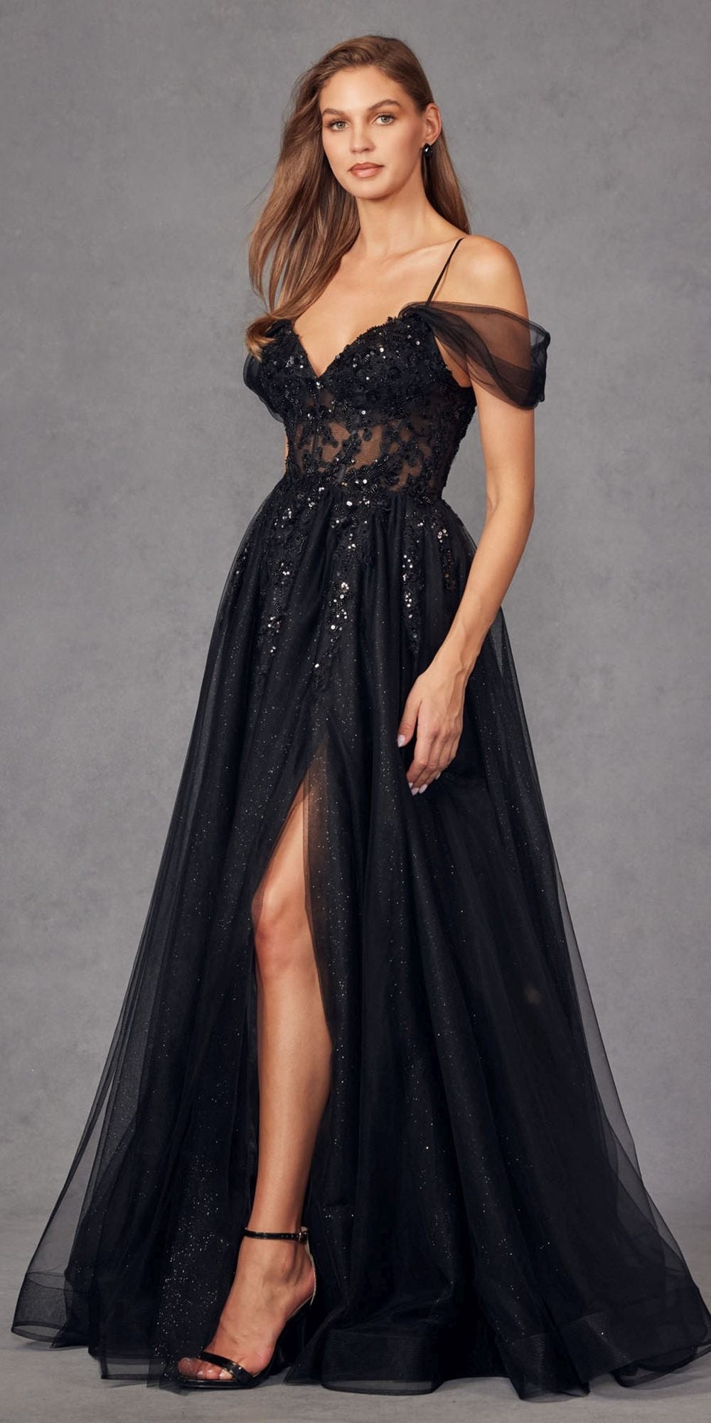 Juliet JT2466A Long Cold Shoulder Sweetheart Corset Bodice A-Line Gown by DiscountDressShop