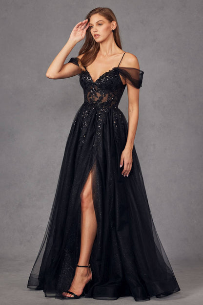 Juliet JT2466A Long Cold Shoulder Sweetheart Corset Bodice A-Line Gown by DiscountDressShop