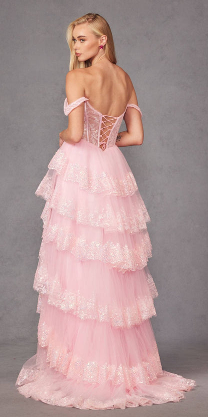 Juliet JT2467K Long Off the Shoulder Draped Sleeve A-Line Gown by DiscountDressShop