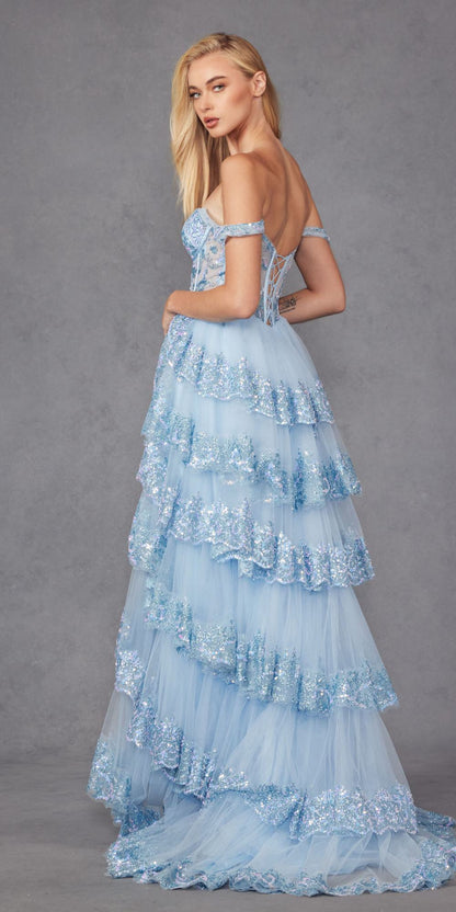 Juliet JT2467K Long Off the Shoulder Draped Sleeve A-Line Gown by DiscountDressShop