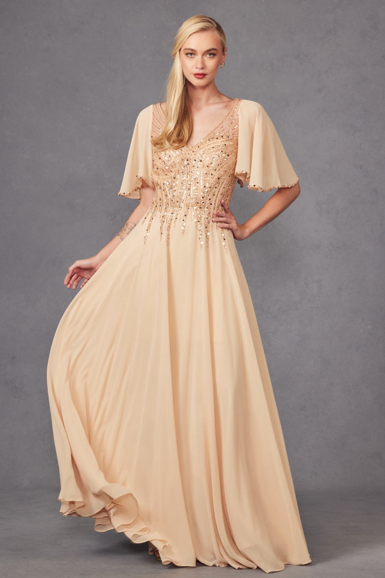 Juliet JTM14F Long A-Line Flutter Mid-Length Sleeve Evening Gown by DiscountDressShop