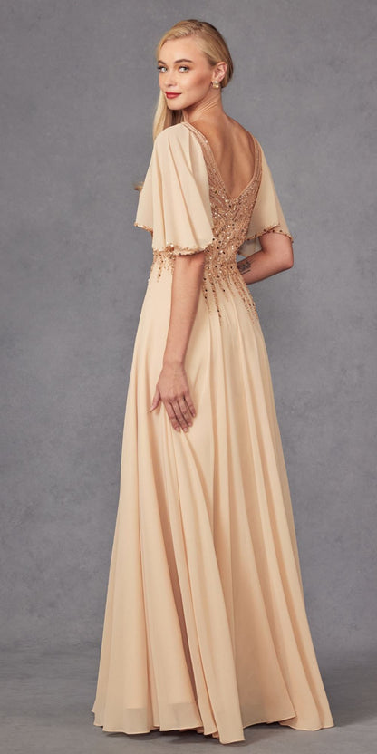 Juliet JTM14F Long A-Line Flutter Mid-Length Sleeve Evening Gown by DiscountDressShop