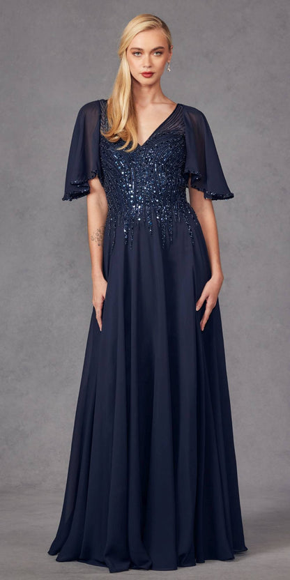 Juliet JTM14F Long A-Line Flutter Mid-Length Sleeve Evening Gown by DiscountDressShop