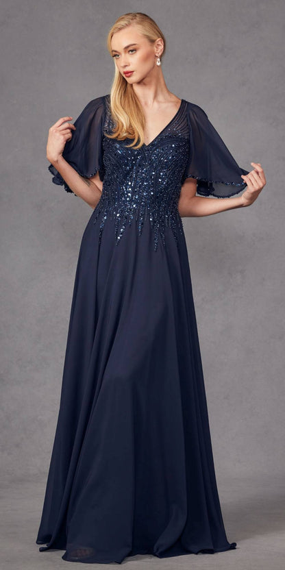 Juliet JTM14F Long A-Line Flutter Mid-Length Sleeve Evening Gown by DiscountDressShop