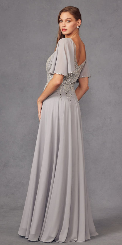 Juliet JTM14F Long A-Line Flutter Mid-Length Sleeve Evening Gown by DiscountDressShop
