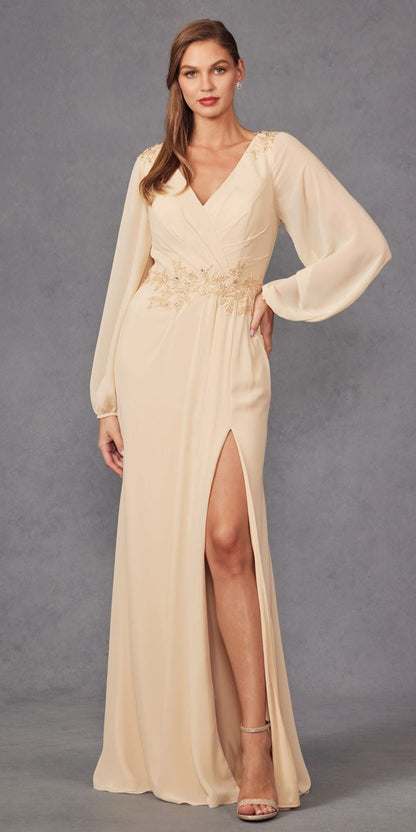 Juliet JTM16A Long Sleeve V-Neck Embroidered Applique Evening Gown by DiscountDressShop