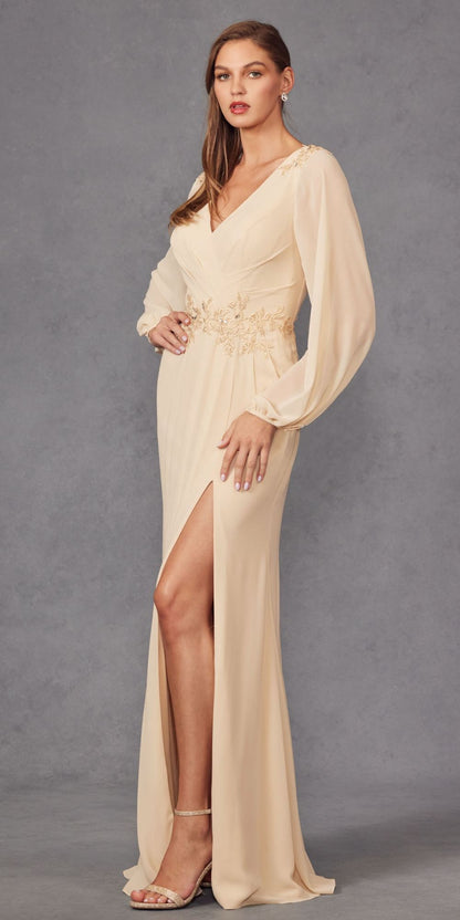 Juliet JTM16A Long Sleeve V-Neck Embroidered Applique Evening Gown by DiscountDressShop