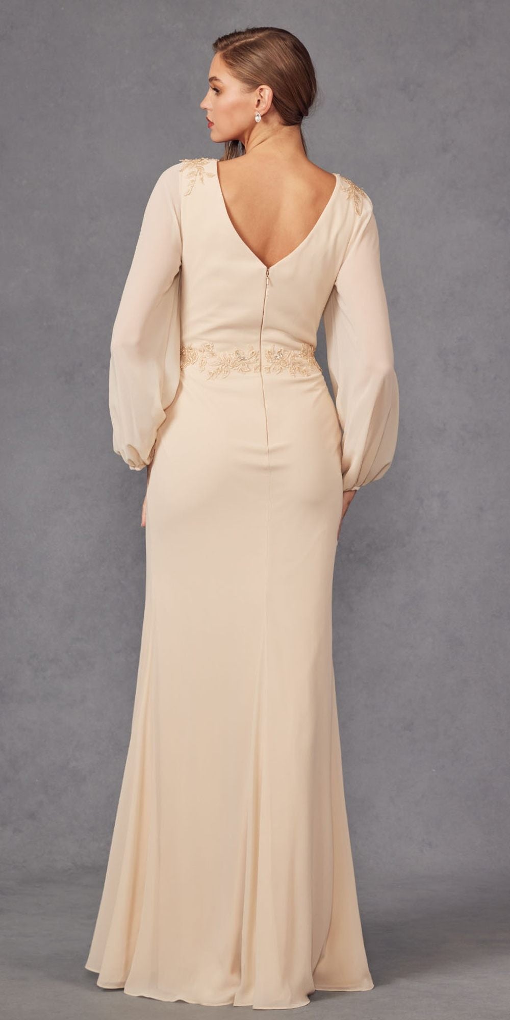 Juliet JTM16A Long Sleeve V-Neck Embroidered Applique Evening Gown by DiscountDressShop