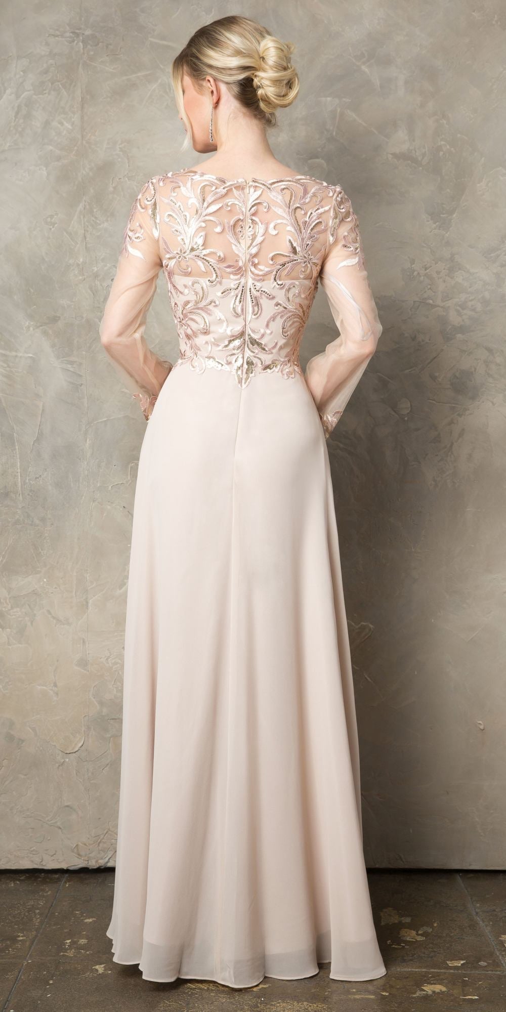 CLEARANCE - Juno 960 Long A-Line Mother of the Bride Chiffon Long Sleeve Dress (Size XL) by DiscountDressShop