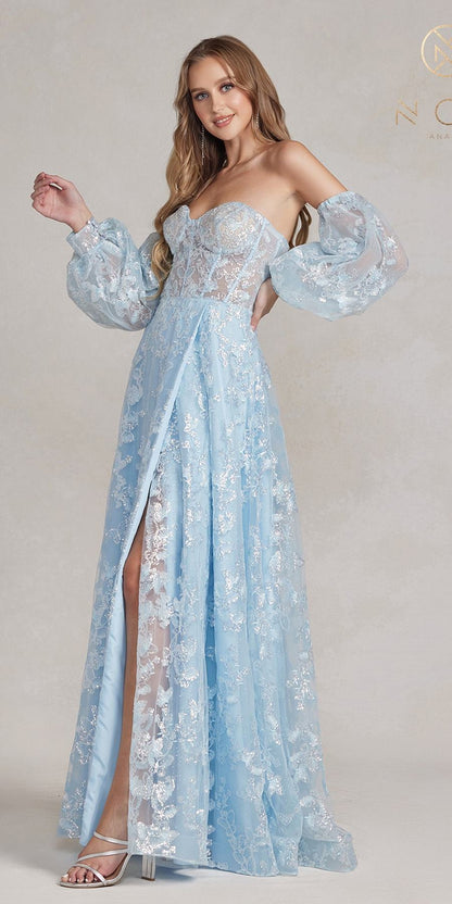 Nox Anabel K1155 Floor Length Butterfly Puff Sleeve Gown by DiscountDressShop
