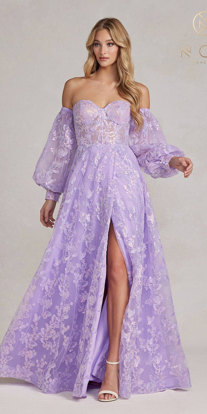 Nox Anabel K1155 Floor Length Butterfly Puff Sleeve Gown by DiscountDressShop