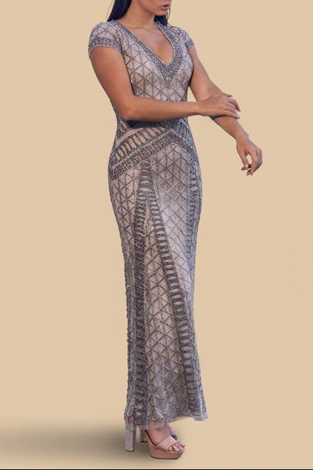 Lara 29746 - Beaded V-Neckline Dress with Cap Sleeves by Lara New York