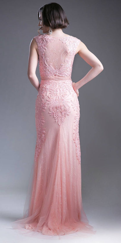 CLEARANCE - Cinderella Divine KC1736 Fitted Peach Long Lace Dress Cap Sleeved (Size 6) by DiscountDressShop