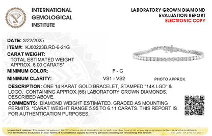 IGI Certified 14K White Gold 6.0 Cttw Lab Grown Diamond Tennis Bracelet  DestGlow