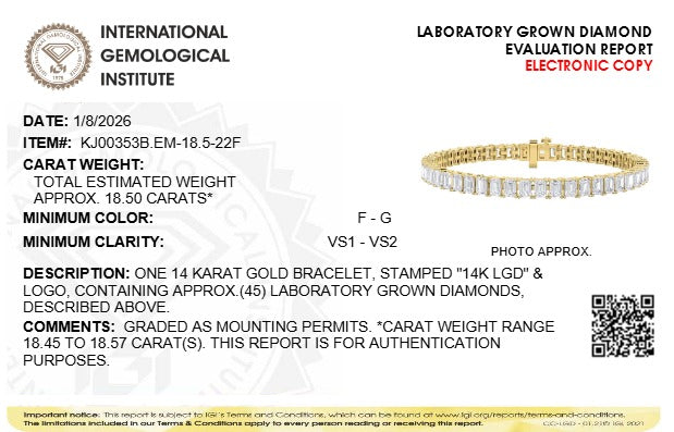 IGI Certified 14K Yellow Gold 18 1/2 Cttw Emerald Cut Lab Grown Diamond Tennis Bracelet  DestGlow