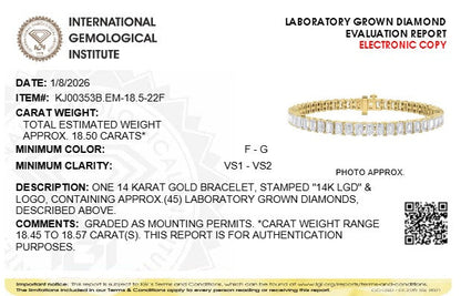 IGI Certified 14K Yellow Gold 18 1/2 Cttw Emerald Cut Lab Grown Diamond Tennis Bracelet  DestGlow