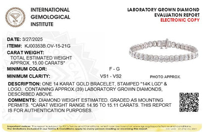 IGI Certified 14K White Gold 15.0 Cttw Oval Cut Lab Grown Diamond Tennis Bracelet  DestGlow