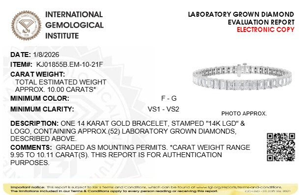 IGI Certified 14K White Gold 10.0 Cttw Emerald Cut Lab Grown Diamond Tennis Bracelet  DestGlow